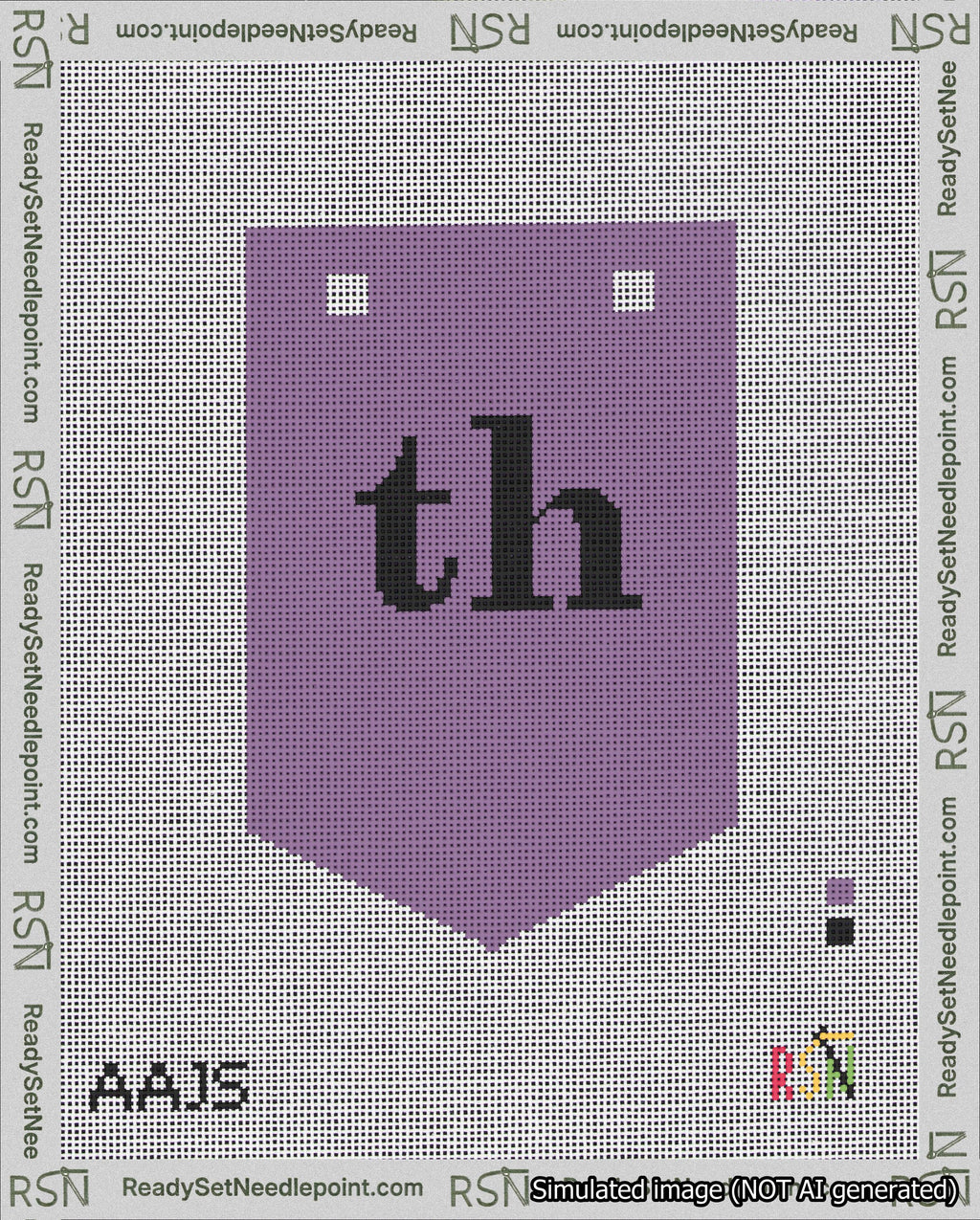 A taped needlepoint canvas with the design: Banner 18 mesh count Pointed th Black on Purple.