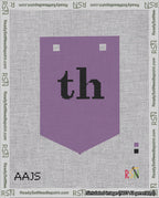 A taped needlepoint canvas with the design: Banner 18 mesh count Pointed th Black on Purple.