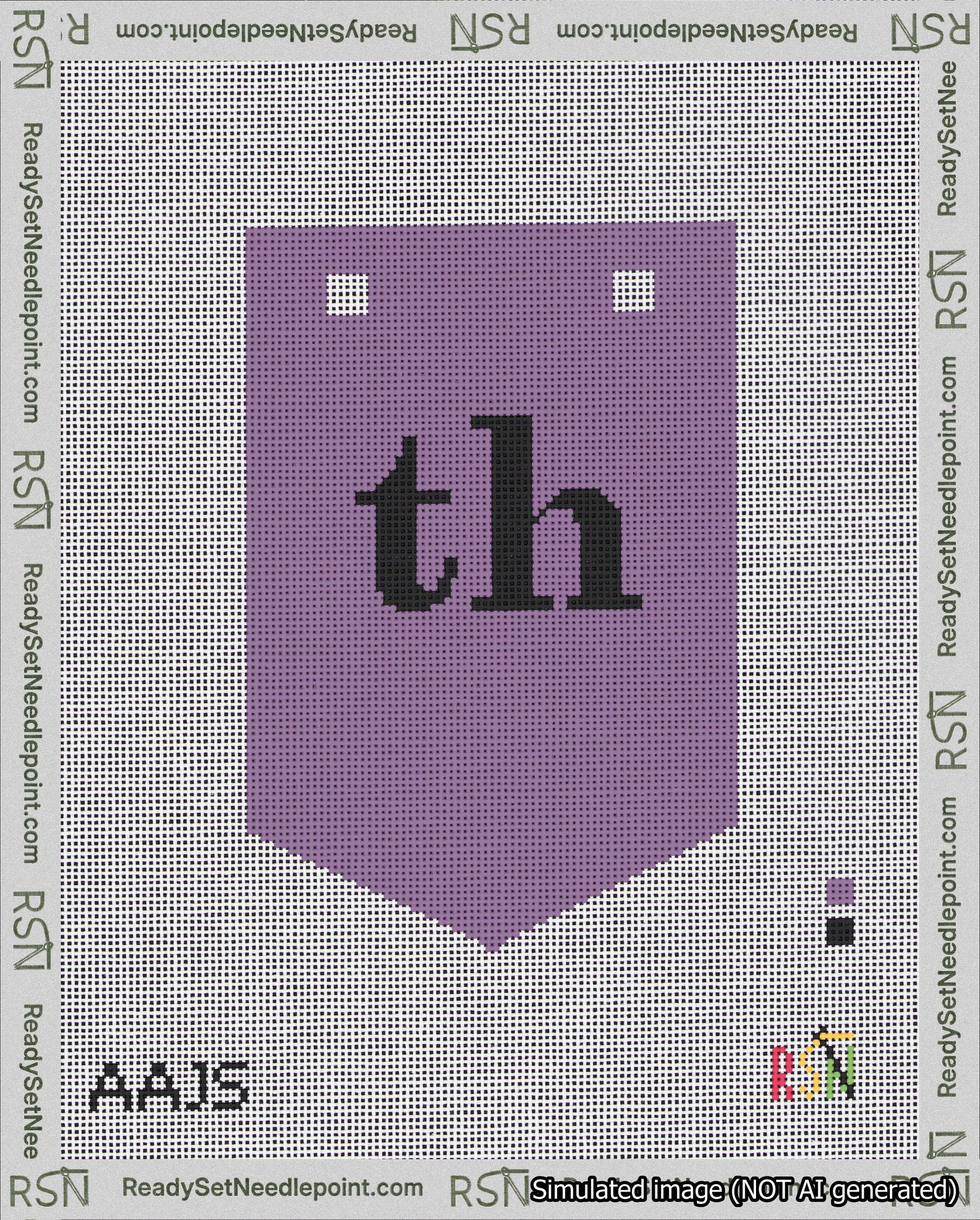 A taped needlepoint canvas with the design: Banner 18 mesh count Pointed th Black on Purple.