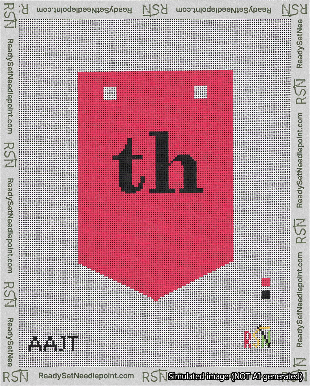 A taped needlepoint canvas with the design: Banner 18 mesh count Pointed th Black on Red.