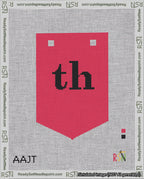 A taped needlepoint canvas with the design: Banner 18 mesh count Pointed th Black on Red.