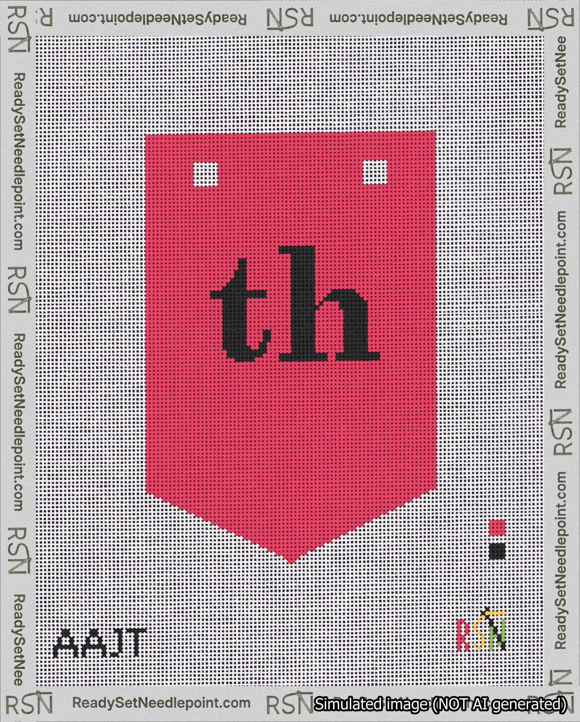 A taped needlepoint canvas with the design: Banner 18 mesh count Pointed th Black on Red.