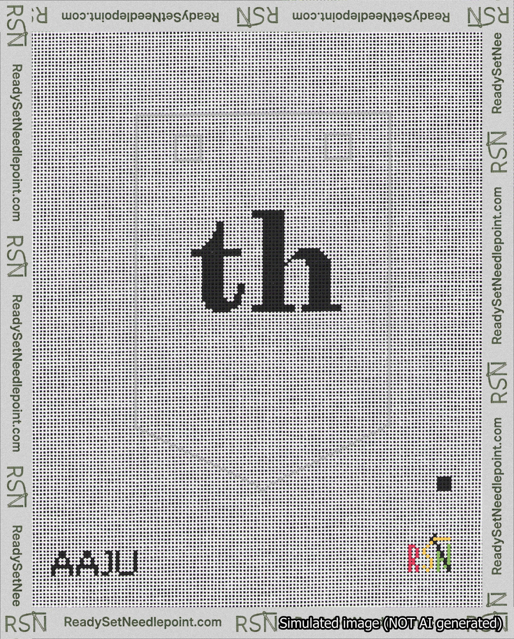 A taped needlepoint canvas with the design: Banner 18 mesh count Pointed th Black on White.