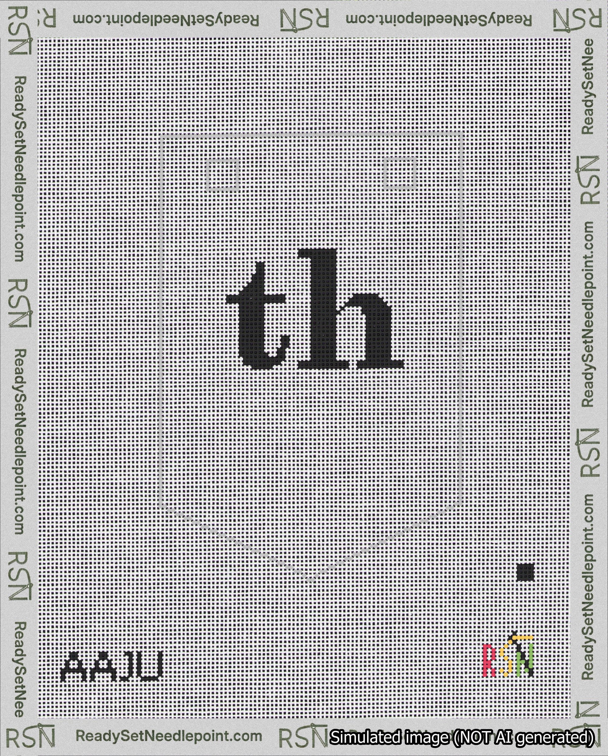 A taped needlepoint canvas with the design: Banner 18 mesh count Pointed th Black on White.