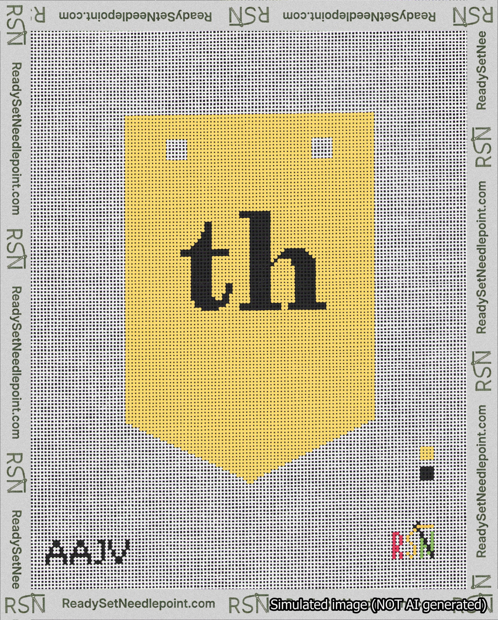 A taped needlepoint canvas with the design: Banner 18 mesh count Pointed th Black on Yellow.