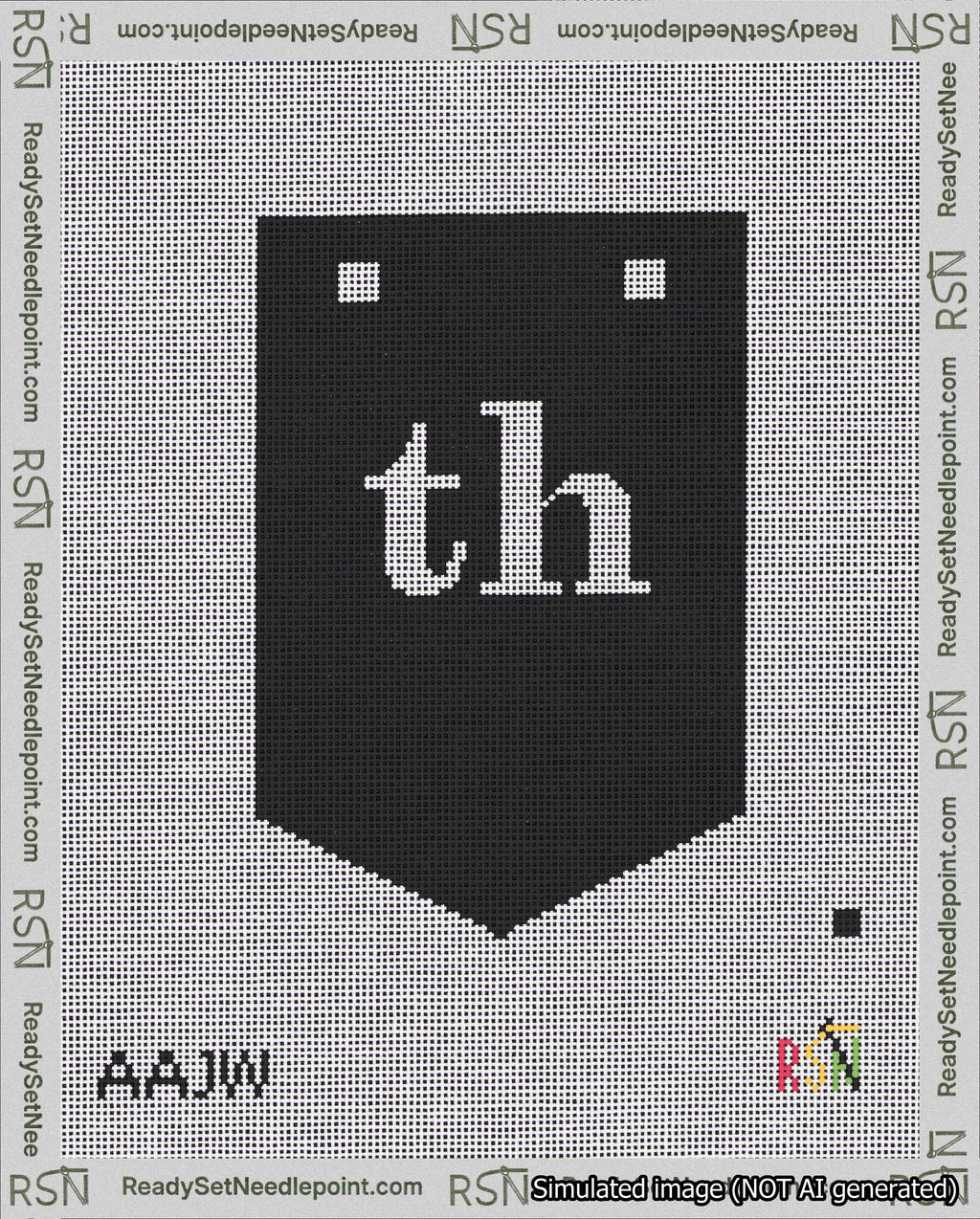 A taped needlepoint canvas with the design: Banner 18 mesh count Pointed th White on Black.