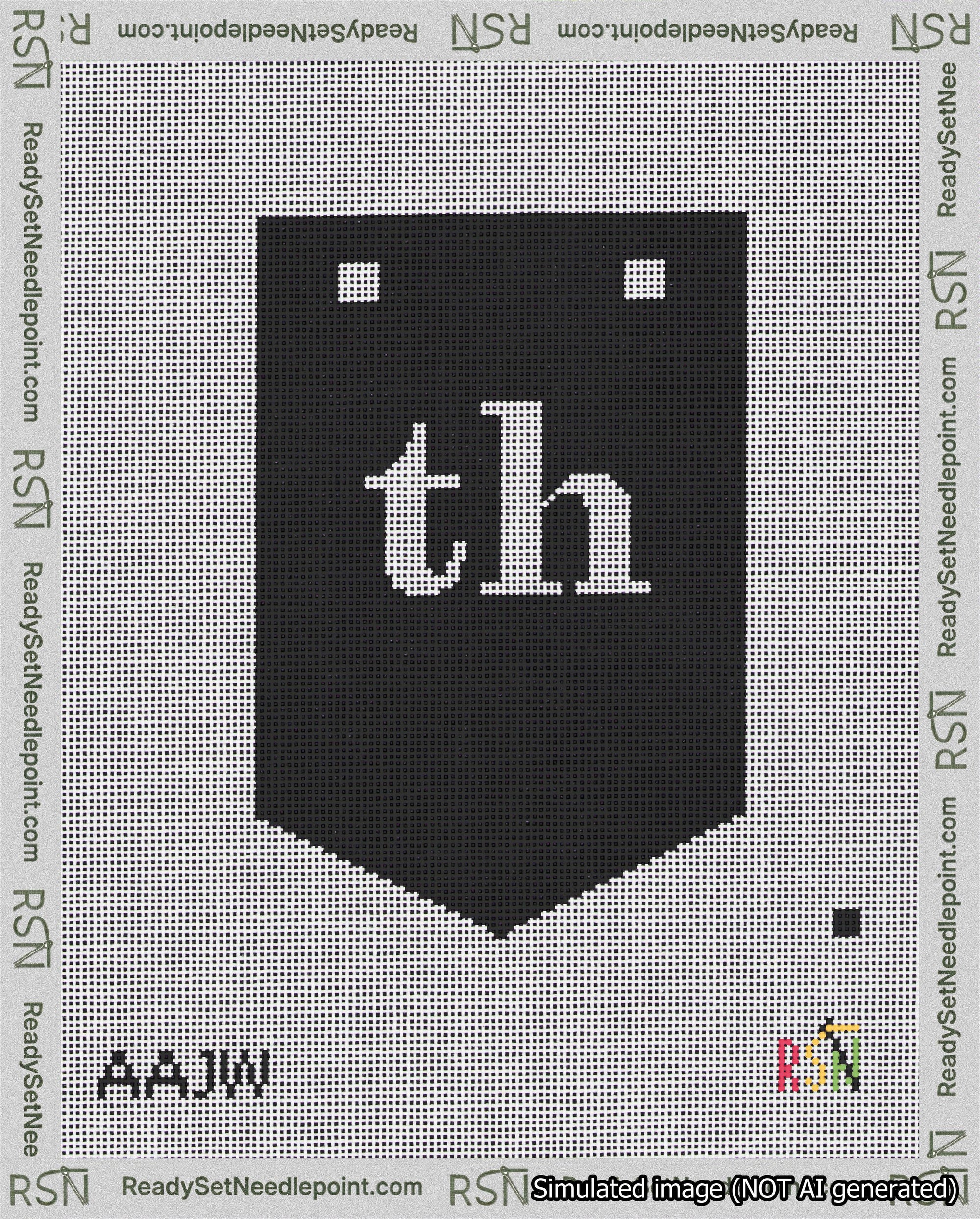 A taped needlepoint canvas with the design: Banner 18 mesh count Pointed th White on Black.
