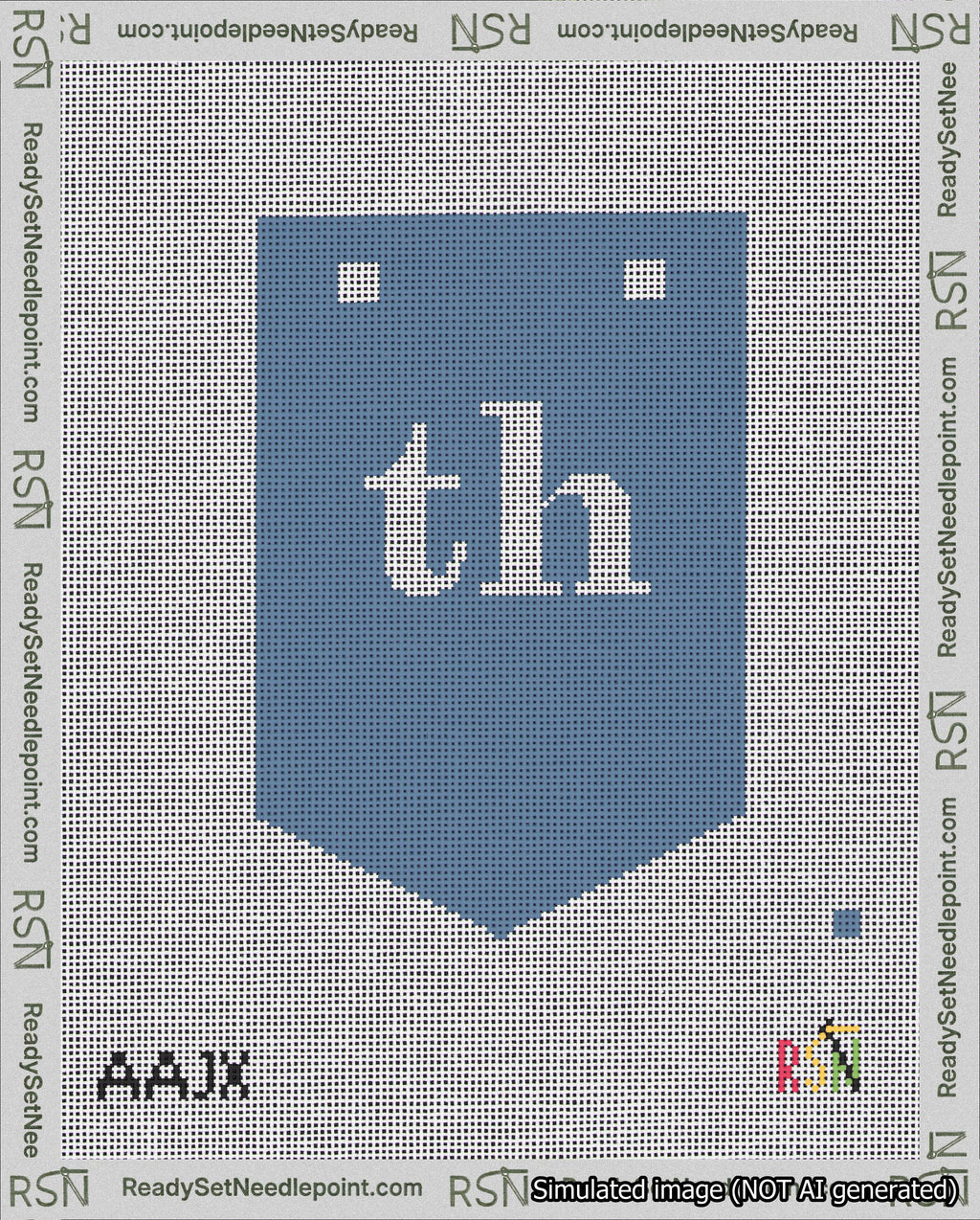 A taped needlepoint canvas with the design: Banner 18 mesh count Pointed th White on Blue.