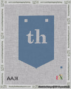 A taped needlepoint canvas with the design: Banner 18 mesh count Pointed th White on Blue.