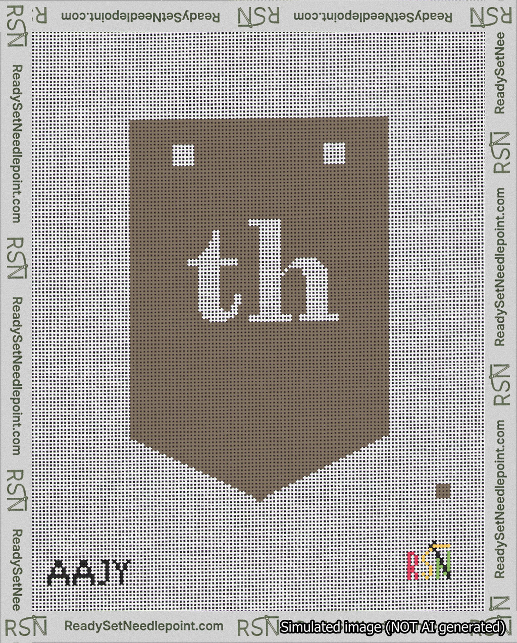 A taped needlepoint canvas with the design: Banner 18 mesh count Pointed th White on Brown.