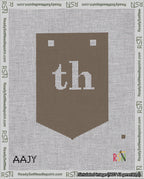 A taped needlepoint canvas with the design: Banner 18 mesh count Pointed th White on Brown.