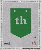 A taped needlepoint canvas with the design: Banner 18 mesh count Pointed th White on Green.