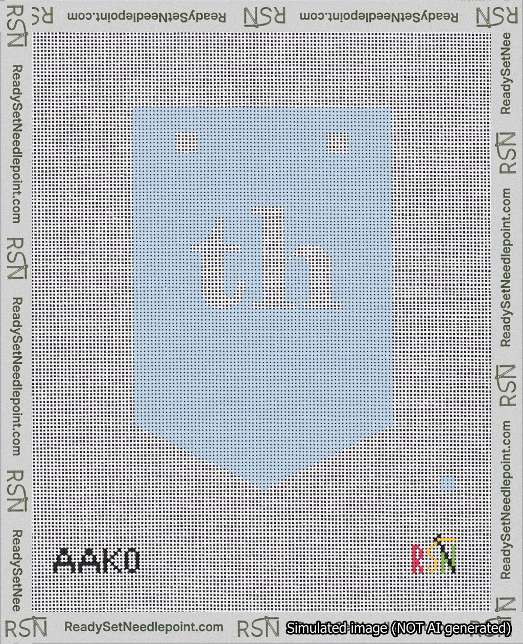 A taped needlepoint canvas with the design: Banner 18 mesh count Pointed th White on Light Blue.
