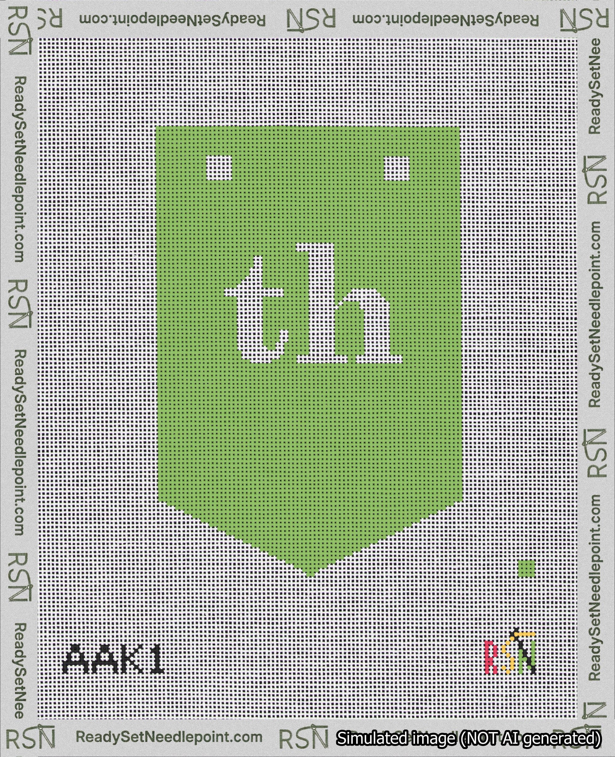 A taped needlepoint canvas with the design: Banner 18 mesh count Pointed th White on Light Green.