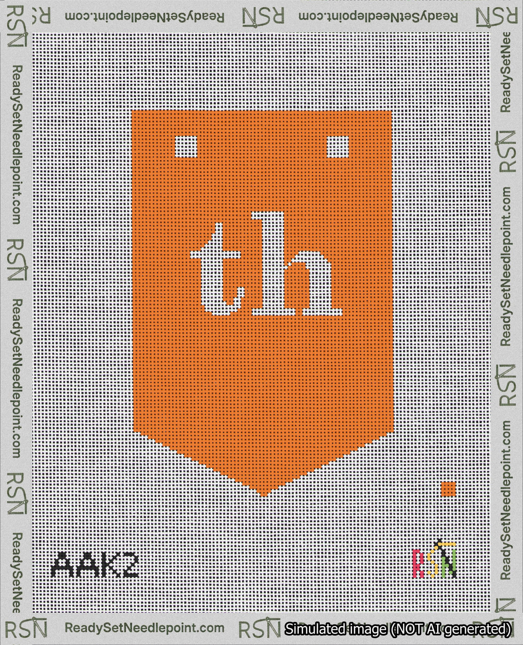 A taped needlepoint canvas with the design: Banner 18 mesh count Pointed th White on Orange.
