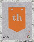 A taped needlepoint canvas with the design: Banner 18 mesh count Pointed th White on Orange.