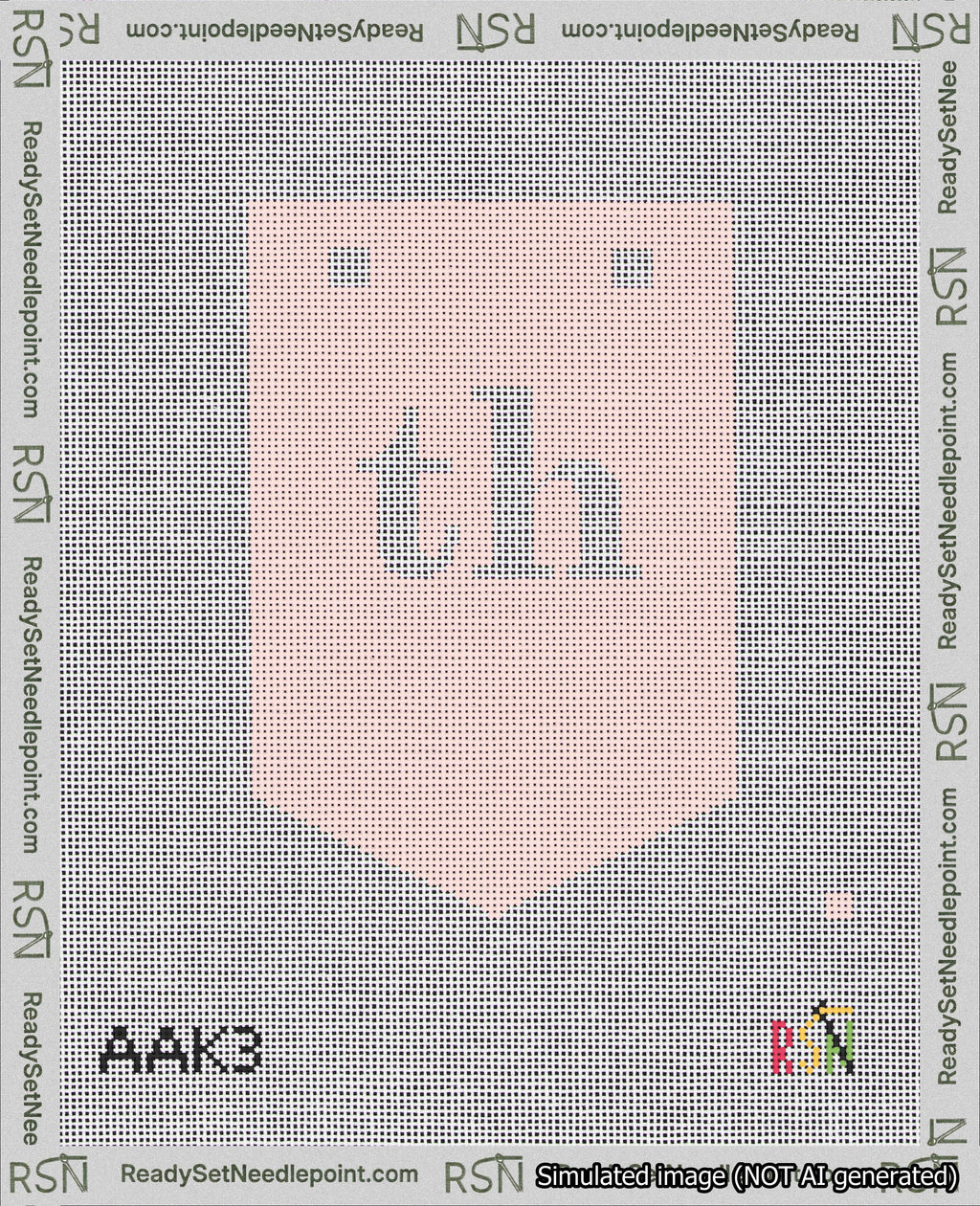 A taped needlepoint canvas with the design: Banner 18 mesh count Pointed th White on Pink.