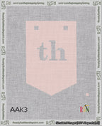 A taped needlepoint canvas with the design: Banner 18 mesh count Pointed th White on Pink.