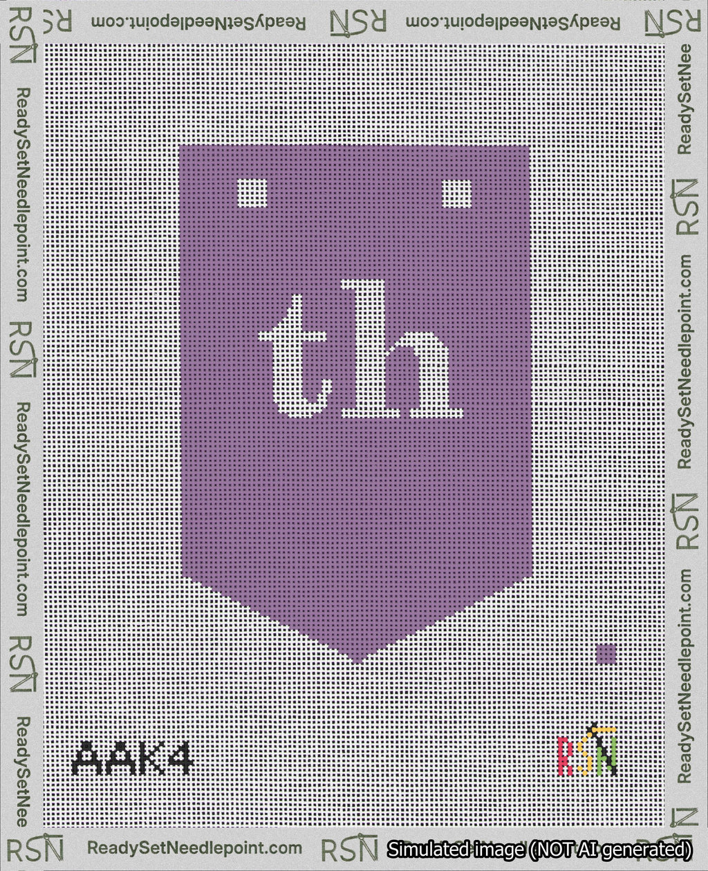 A taped needlepoint canvas with the design: Banner 18 mesh count Pointed th White on Purple.