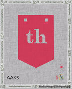 A taped needlepoint canvas with the design: Banner 18 mesh count Pointed th White on Red.