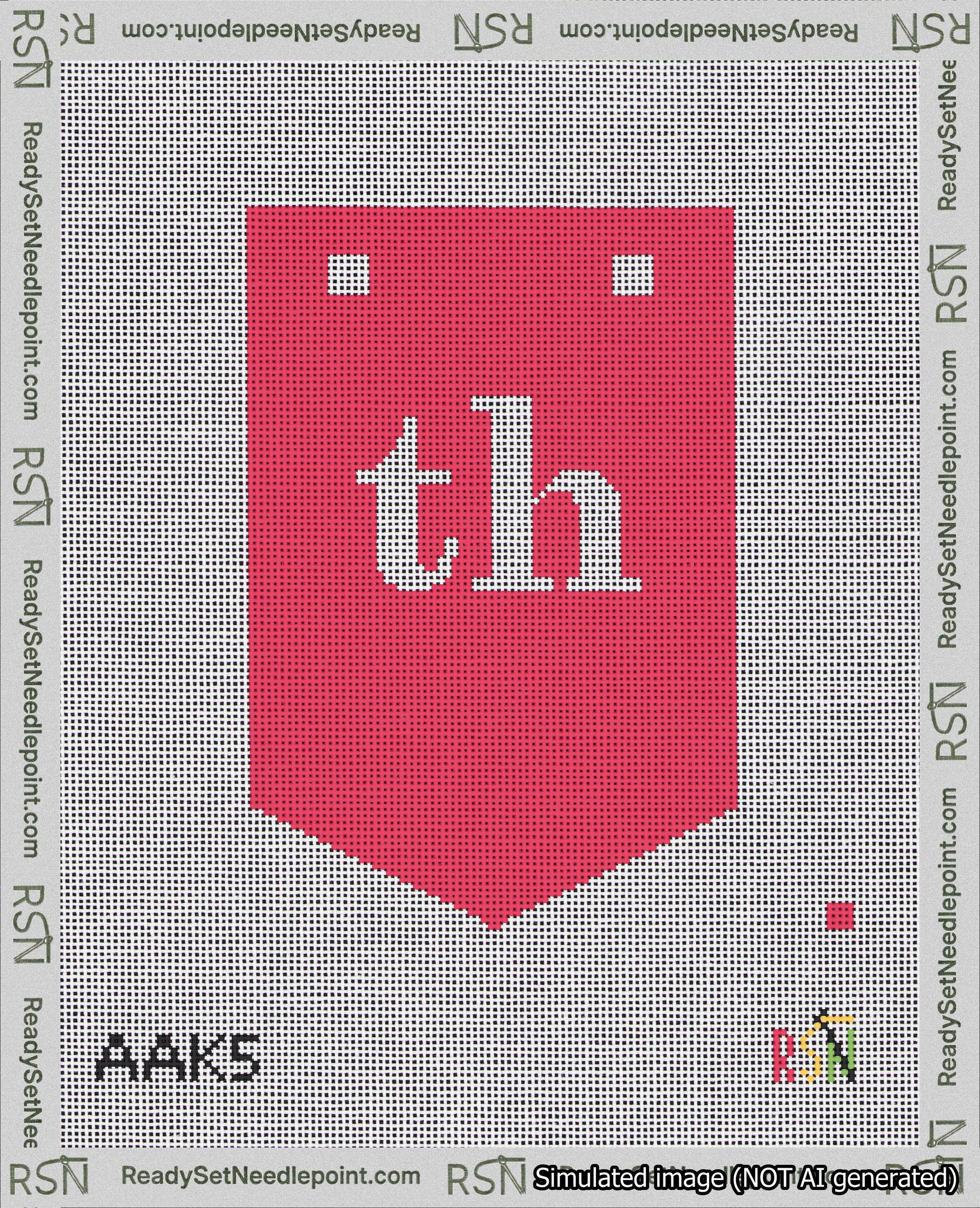 A taped needlepoint canvas with the design: Banner 18 mesh count Pointed th White on Red.