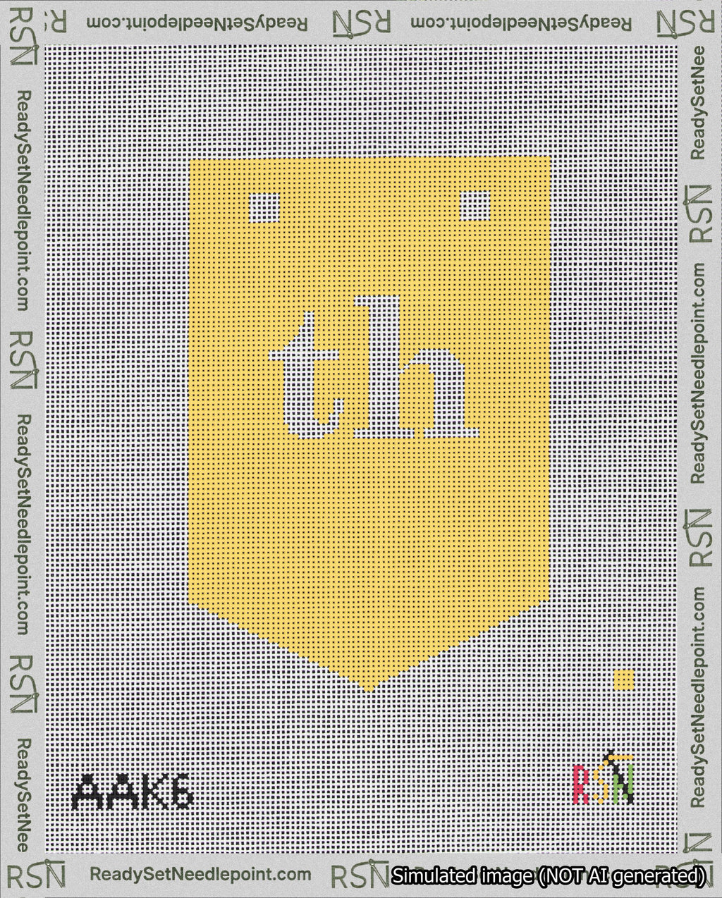 A taped needlepoint canvas with the design: Banner 18 mesh count Pointed th White on Yellow.