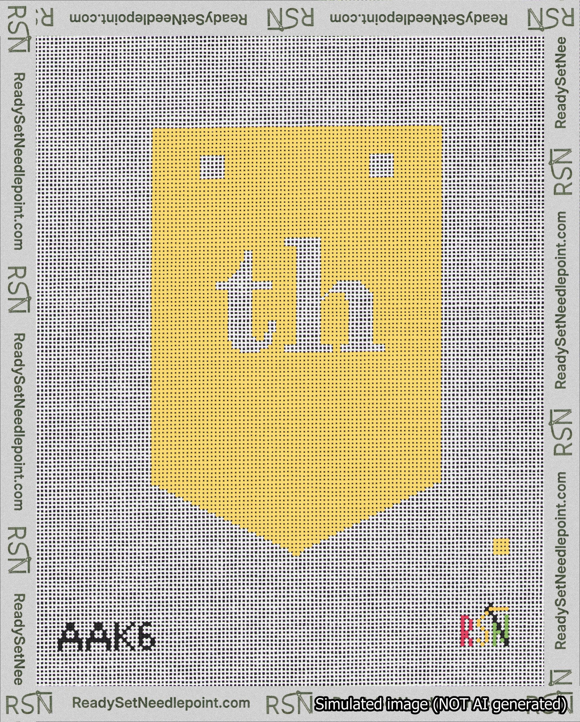 A taped needlepoint canvas with the design: Banner 18 mesh count Pointed th White on Yellow.