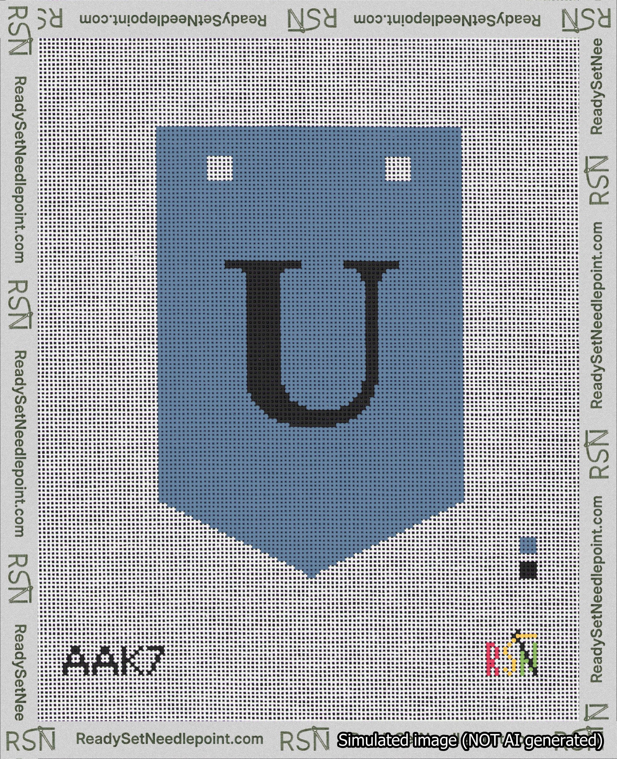 A taped needlepoint canvas with the design: Banner 18 mesh count Pointed U Black on Blue.