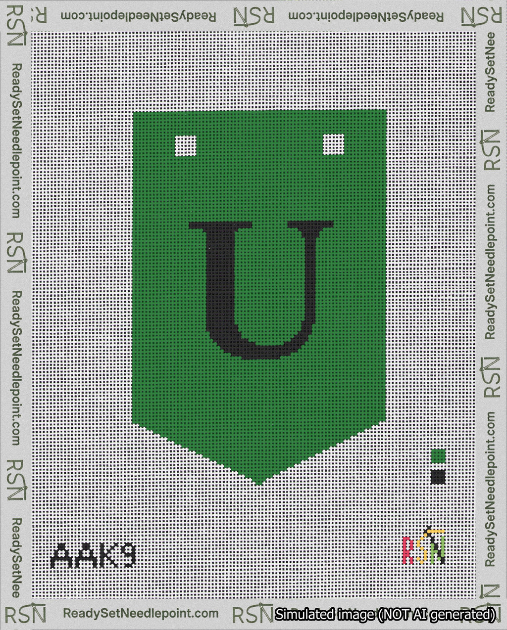 A taped needlepoint canvas with the design: Banner 18 mesh count Pointed U Black on Green.