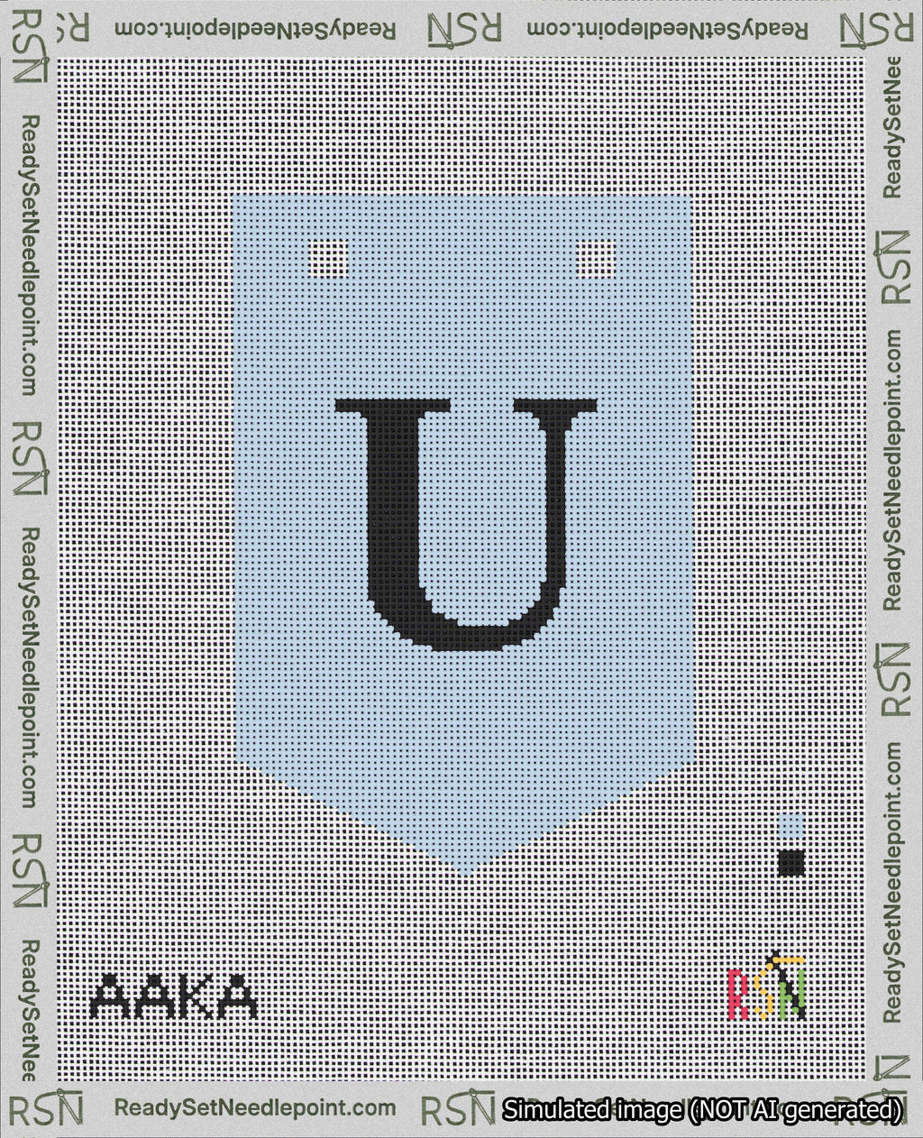 A taped needlepoint canvas with the design: Banner 18 mesh count Pointed U Black on Light Blue.