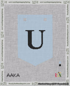 A taped needlepoint canvas with the design: Banner 18 mesh count Pointed U Black on Light Blue.