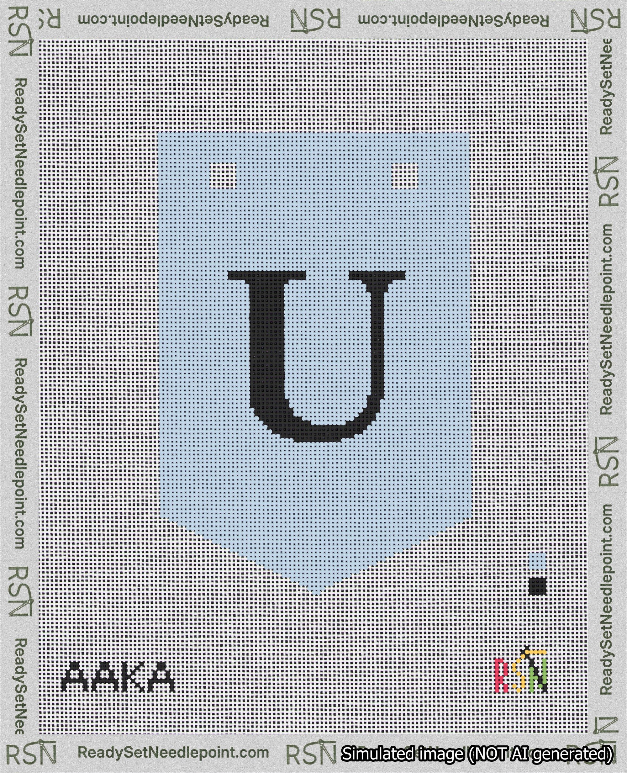A taped needlepoint canvas with the design: Banner 18 mesh count Pointed U Black on Light Blue.