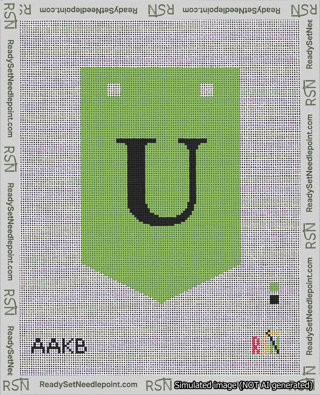 A taped needlepoint canvas with the design: Banner 18 mesh count Pointed U Black on Light Green.