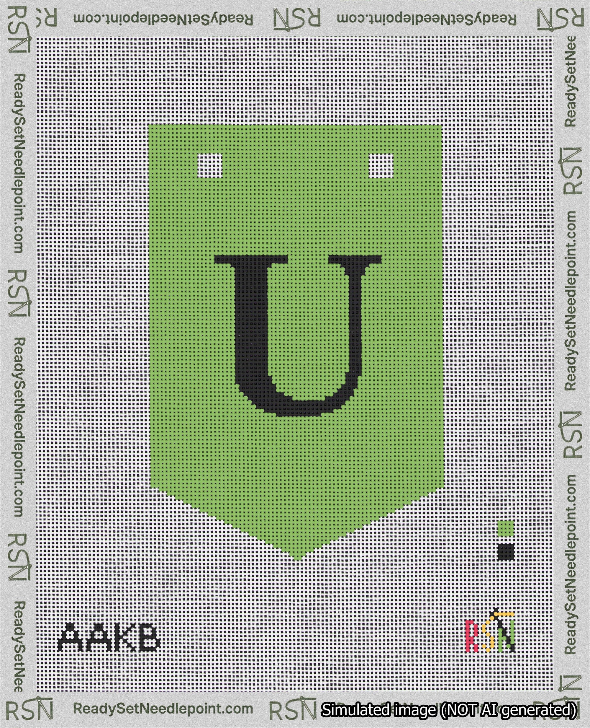 A taped needlepoint canvas with the design: Banner 18 mesh count Pointed U Black on Light Green.