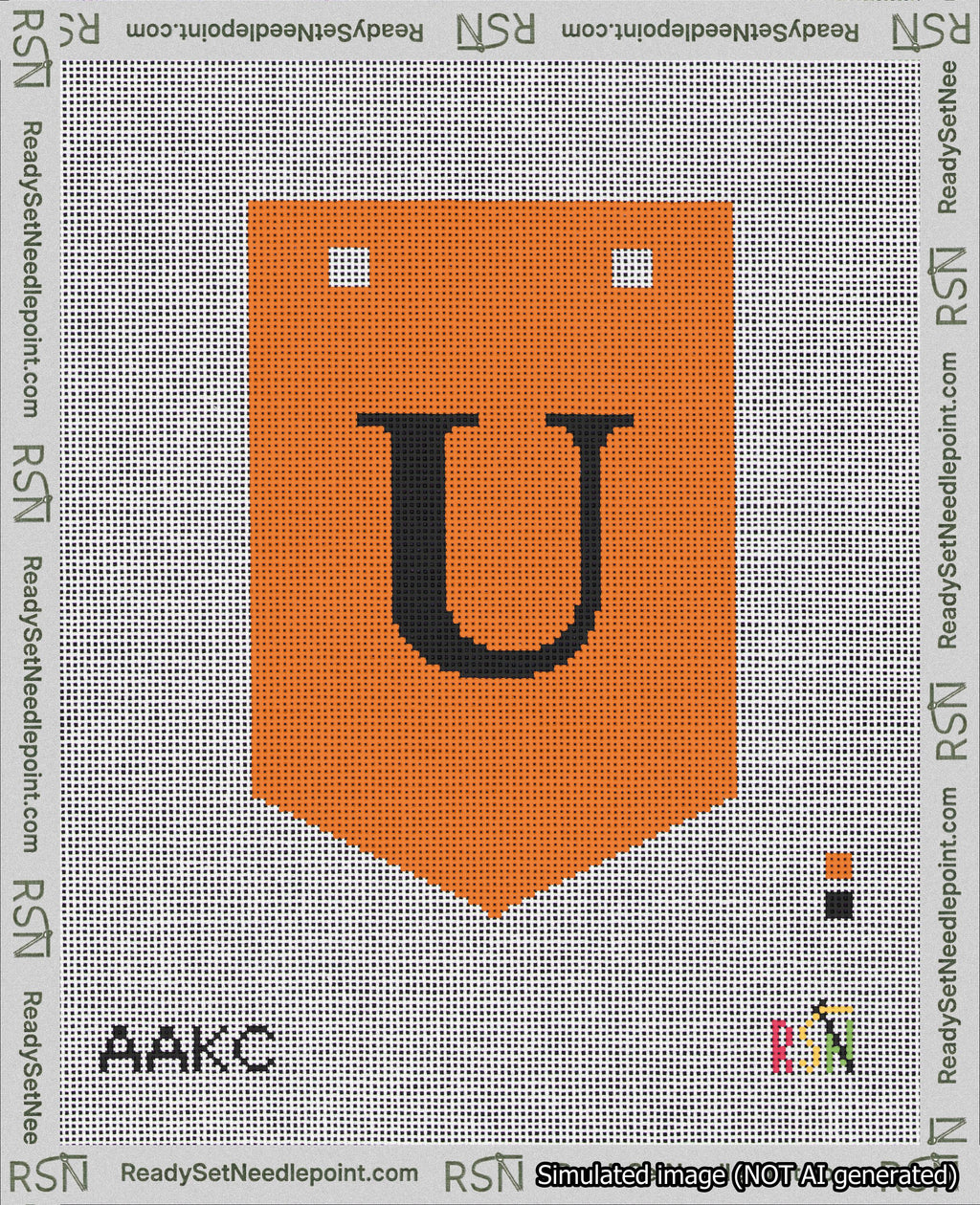 A taped needlepoint canvas with the design: Banner 18 mesh count Pointed U Black on Orange.