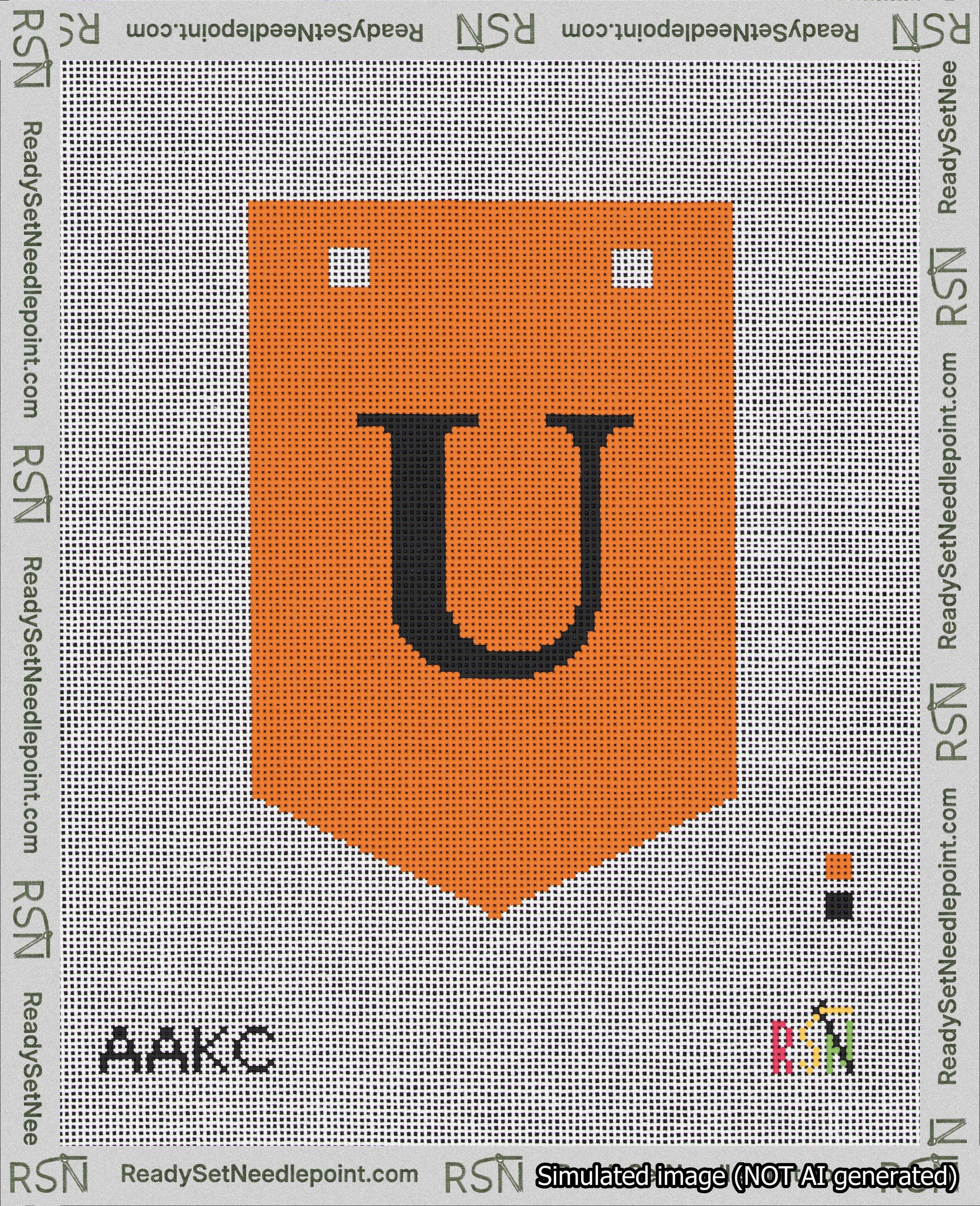 A taped needlepoint canvas with the design: Banner 18 mesh count Pointed U Black on Orange.