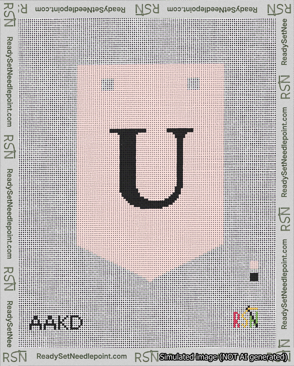 A taped needlepoint canvas with the design: Banner 18 mesh count Pointed U Black on Pink.