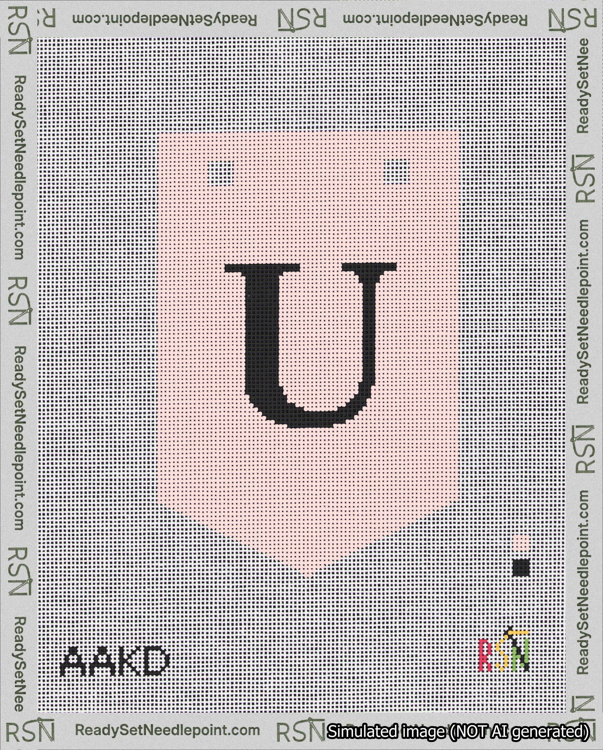 A taped needlepoint canvas with the design: Banner 18 mesh count Pointed U Black on Pink.
