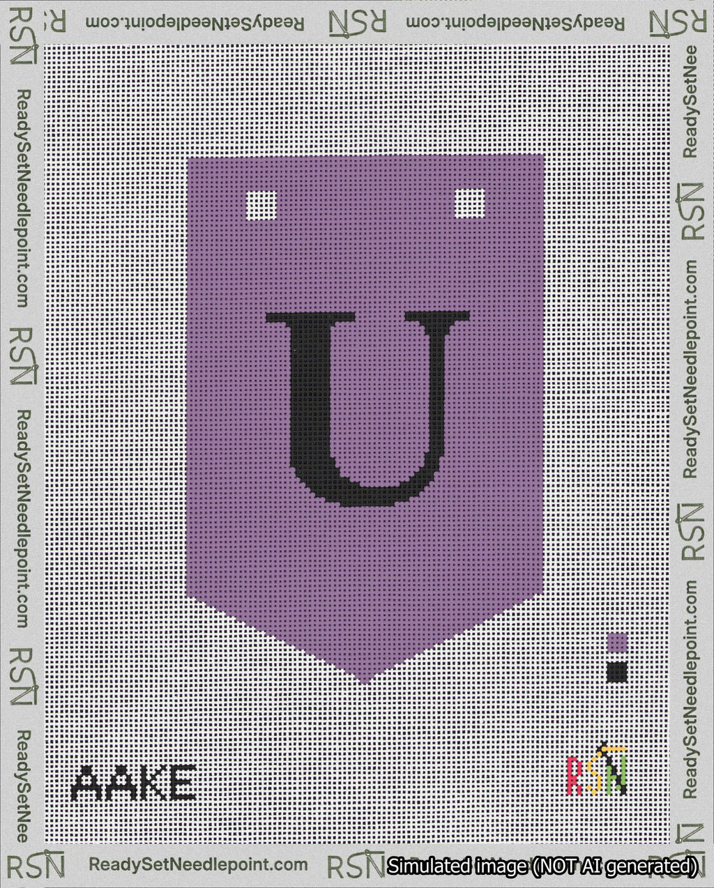 A taped needlepoint canvas with the design: Banner 18 mesh count Pointed U Black on Purple.
