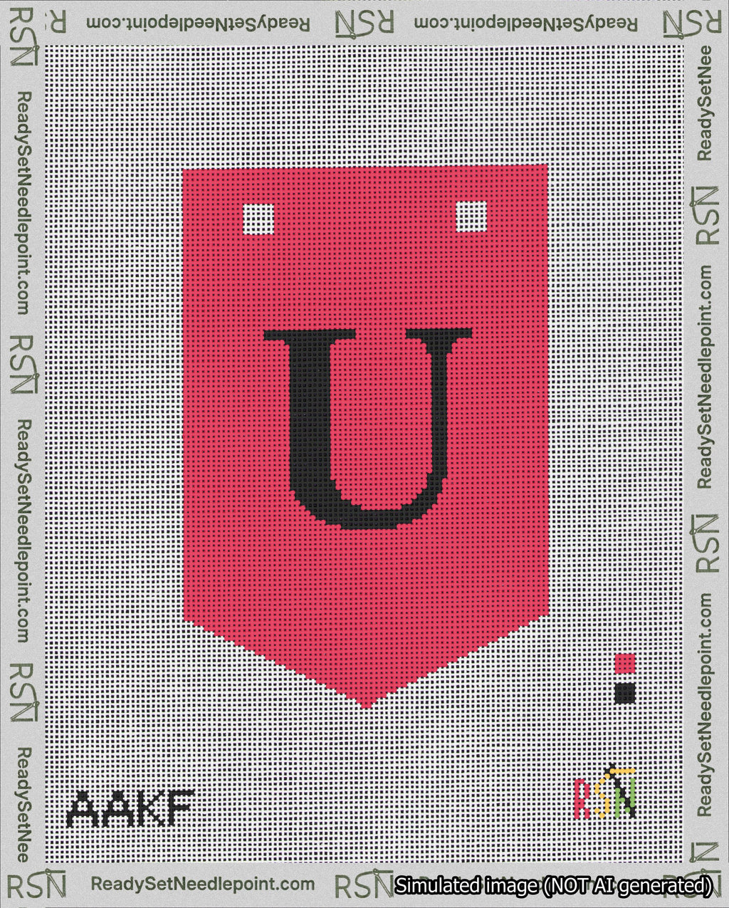 A taped needlepoint canvas with the design: Banner 18 mesh count Pointed U Black on Red.