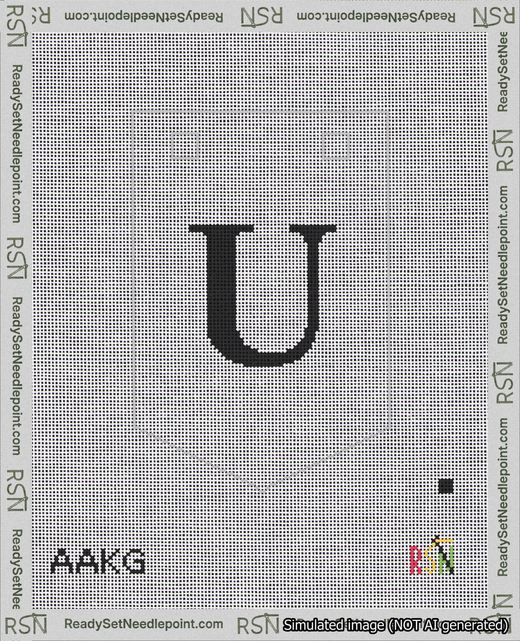 A taped needlepoint canvas with the design: Banner 18 mesh count Pointed U Black on White.