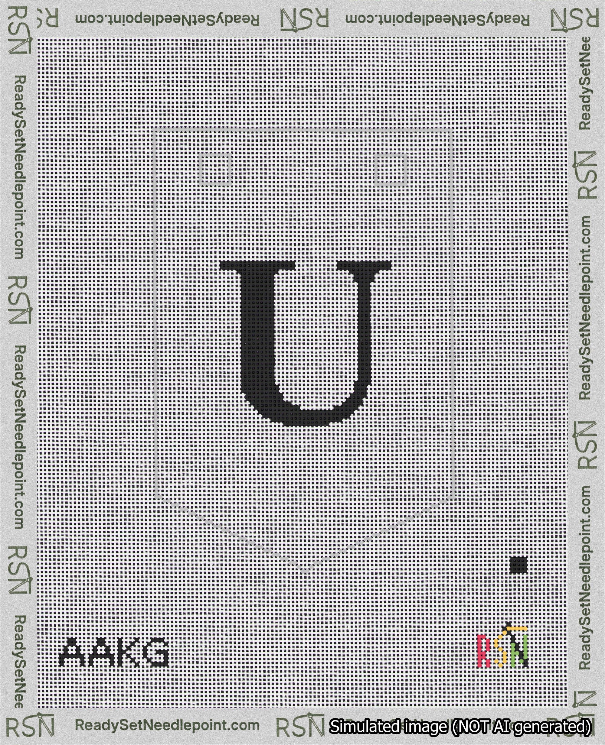 A taped needlepoint canvas with the design: Banner 18 mesh count Pointed U Black on White.