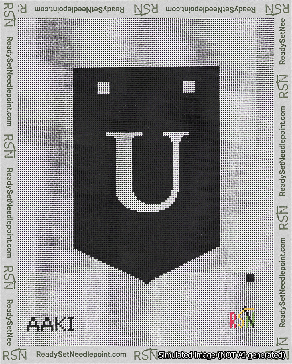 A taped needlepoint canvas with the design: Banner 18 mesh count Pointed U White on Black.