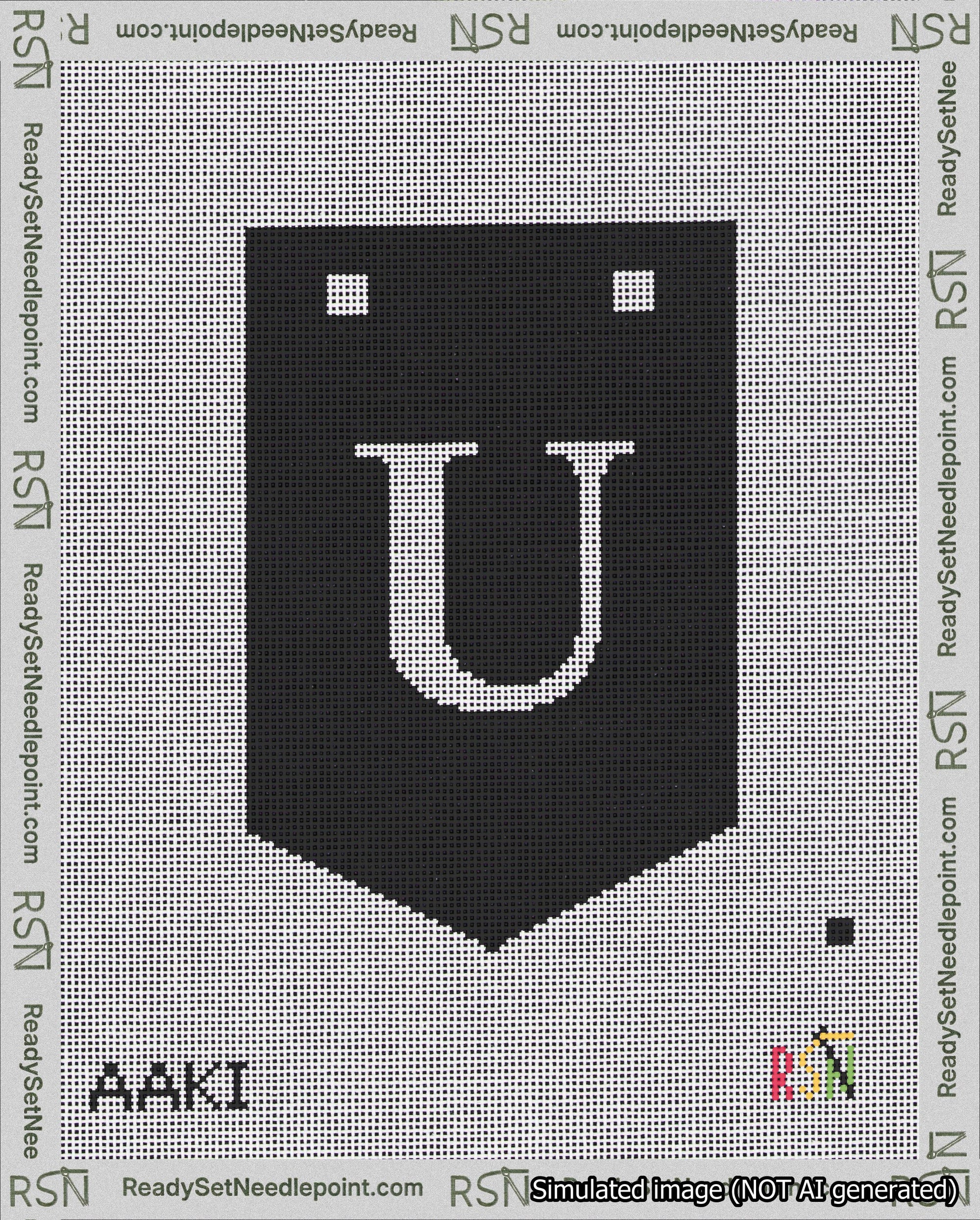 A taped needlepoint canvas with the design: Banner 18 mesh count Pointed U White on Black.