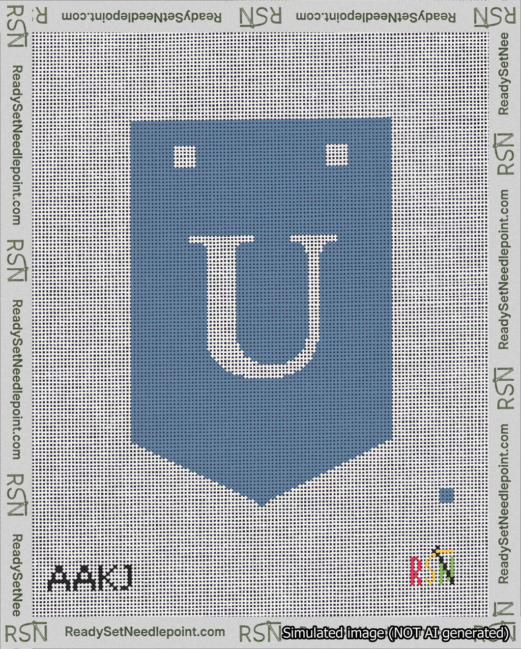 A taped needlepoint canvas with the design: Banner 18 mesh count Pointed U White on Blue.