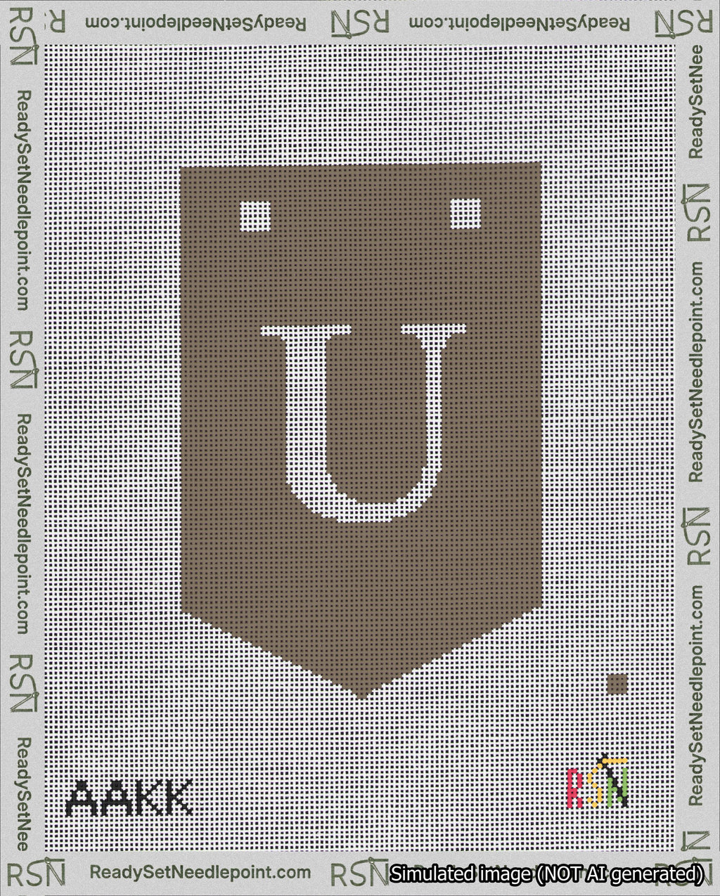 A taped needlepoint canvas with the design: Banner 18 mesh count Pointed U White on Brown.