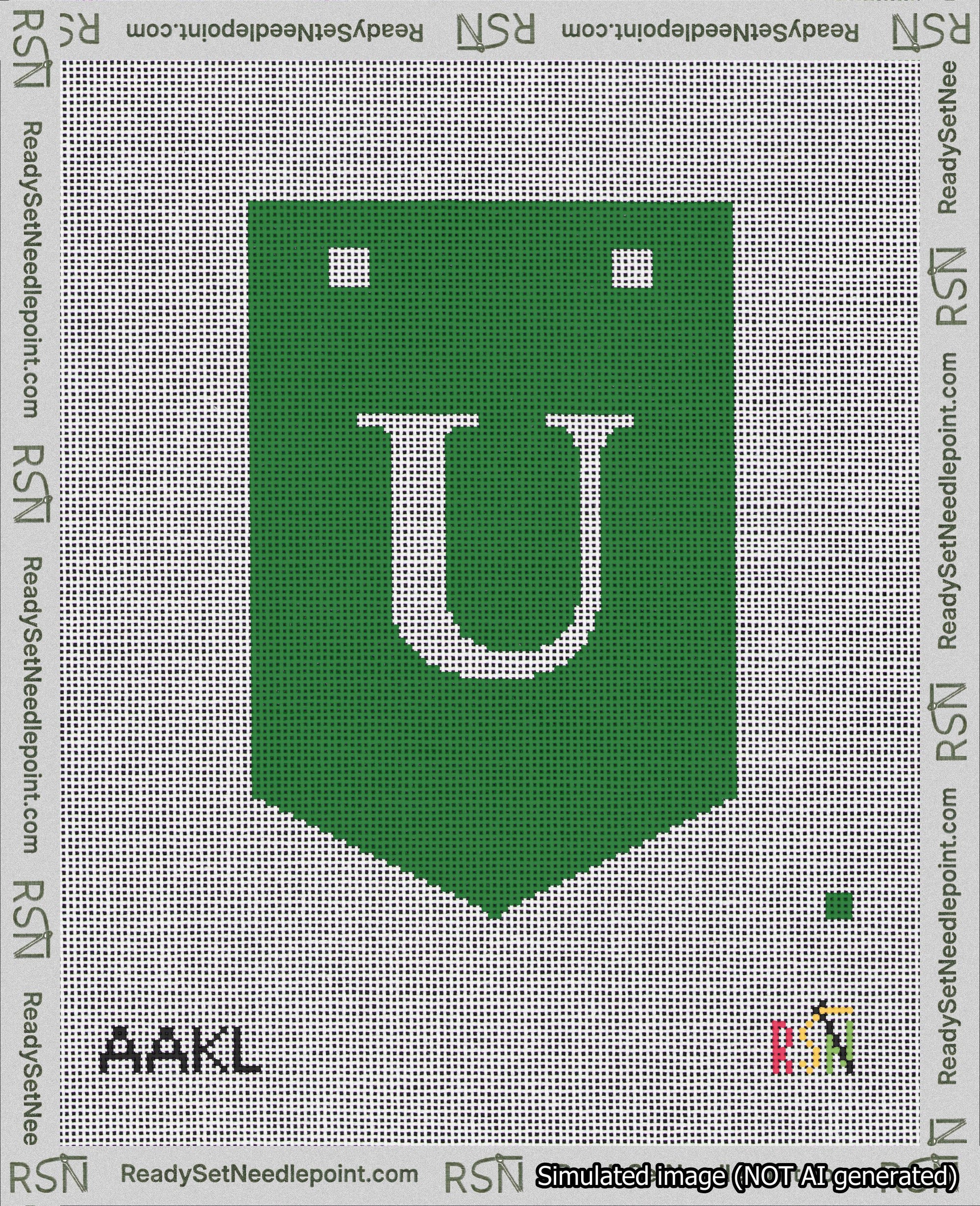 A taped needlepoint canvas with the design: Banner 18 mesh count Pointed U White on Green.