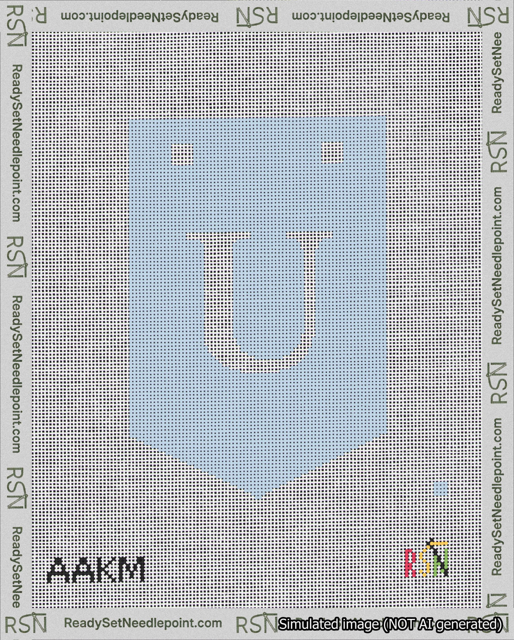 A taped needlepoint canvas with the design: Banner 18 mesh count Pointed U White on Light Blue.