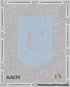 A taped needlepoint canvas with the design: Banner 18 mesh count Pointed U White on Light Blue.