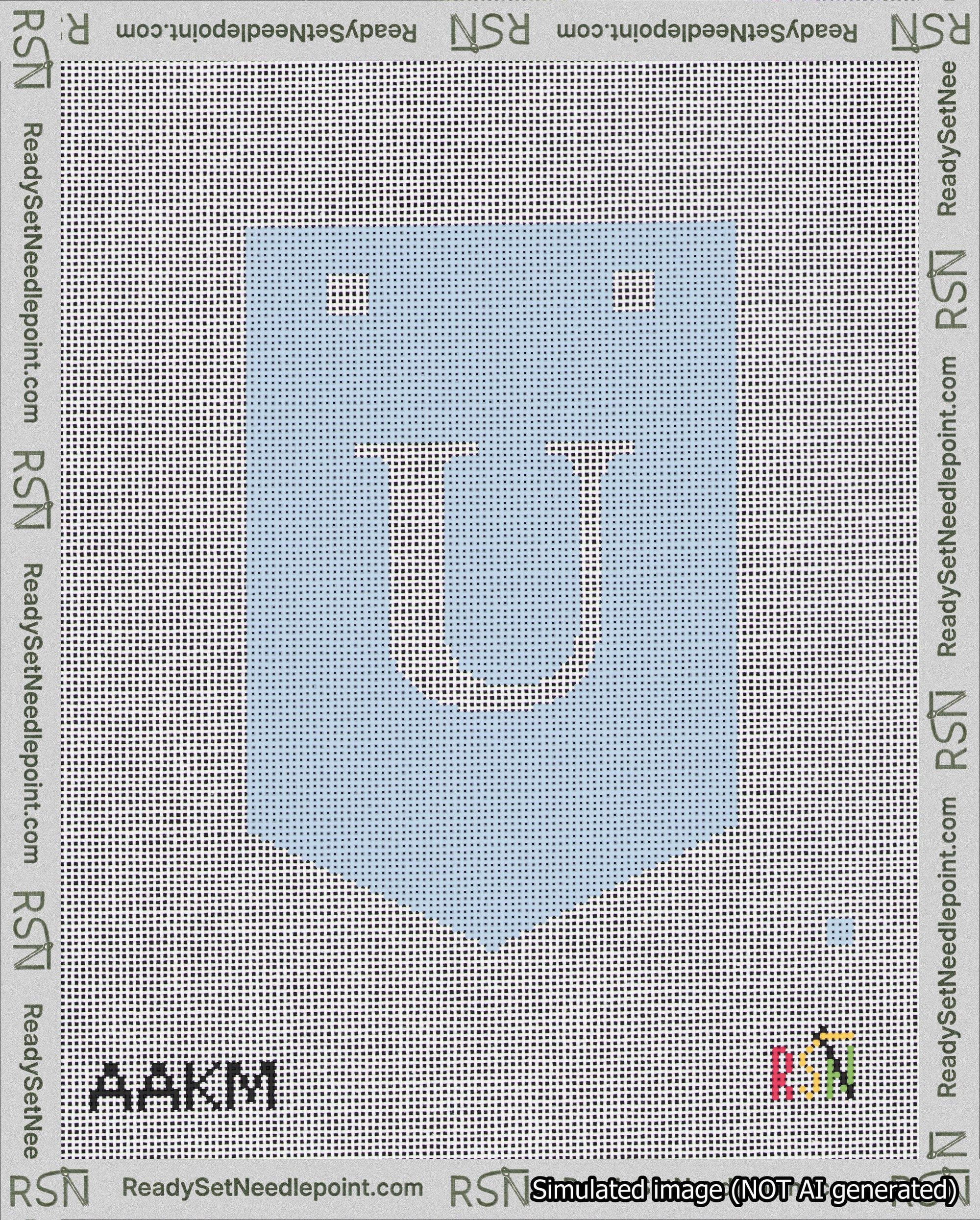 A taped needlepoint canvas with the design: Banner 18 mesh count Pointed U White on Light Blue.
